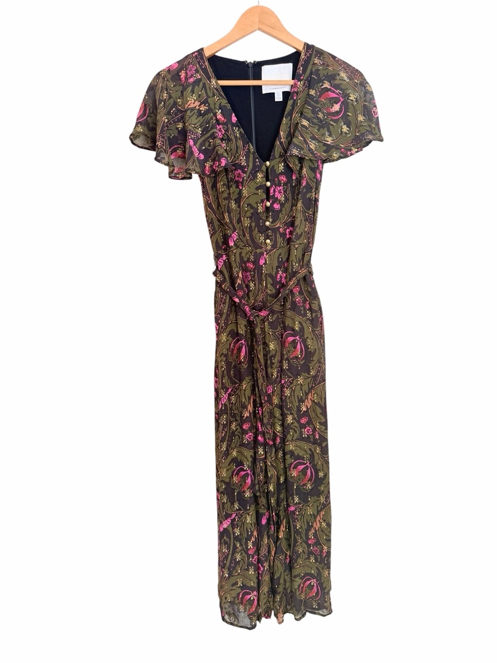 Anthropologie Olive Brenda Green Floral Jumpsuit with Pink Accents Sz 2 - Picture 7 of 11